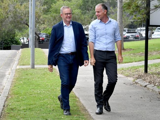 Labor Party, Anthony Albanese and Labor Candidate for Forde, Rowan Holzberger at Shailer Park State High School in Brisbane. Picture: NCA NewsWire / John Gass