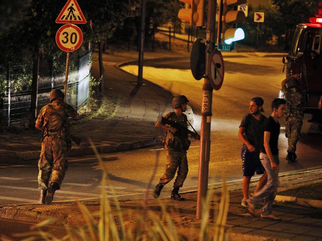 Turkish soldiers are seen on the Asian side of Istanbul, Friday, July 15, 2016. Picture: Emrah Gurel/AP
