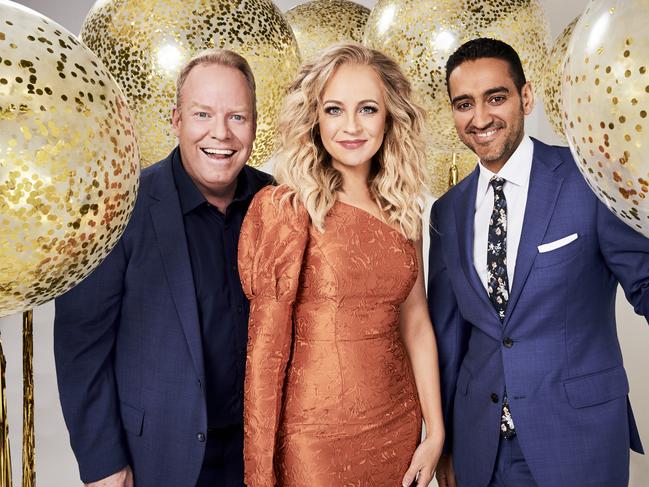 Peter Helliar, Carrie Bickmore and Waleed Aly for The Project’s 10th year. Picture: Supplied