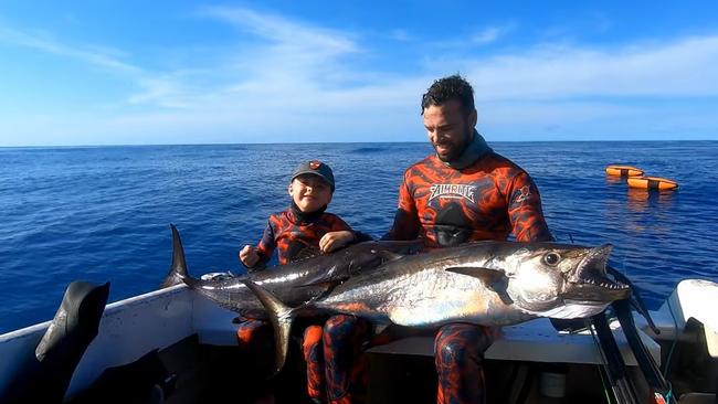 Five-year-old Ocean Sercombe one of the youngest freedivers and spearfishers in the world with father Ant