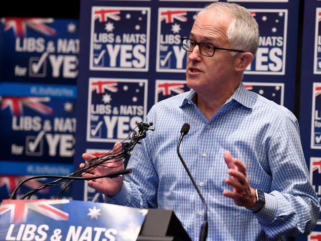 Australian Prime Minister Malcolm Turnbull spoke at the NSW Liberals and Nationals for YES campaign launch in Sydney on Sunday. Picture: AAP