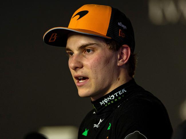 JEDDAH, SAUDI ARABIA - APRIL 18: Oscar Piastri of Australia and McLaren answers questions in the media pen during practice ahead of the F1 Grand Prix of Saudi Arabia at Jeddah Corniche Circuit on April 18, 2025 in Jeddah, Saudi Arabia. (Photo by Kym Illman/Getty Images)