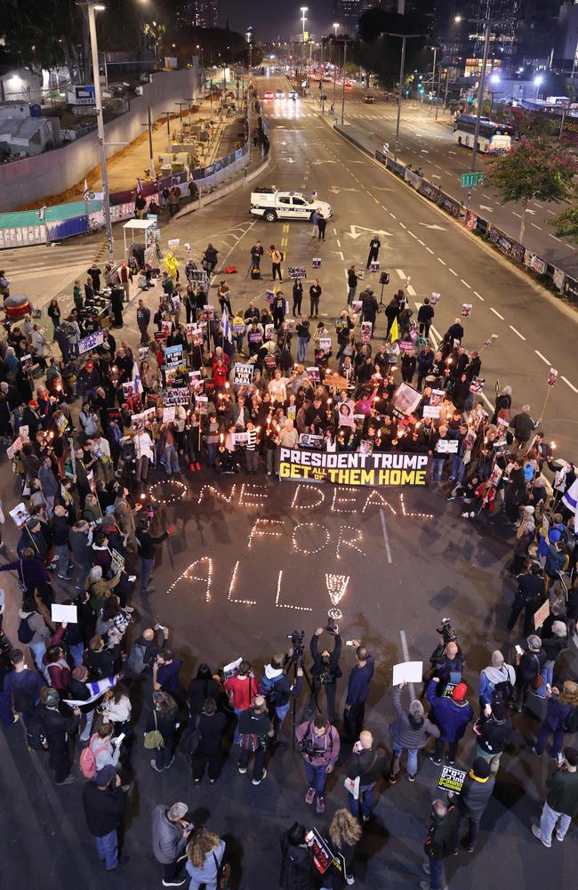 Relatives and supporters of Israeli hostages held in the Gaza Strip since the October 7, 2023 attacks by Hamas militants, gather in favour of the Gaza truce in front of the Israeli defence ministry in Tel Aviv on January 16, 2025. Picture: AFP