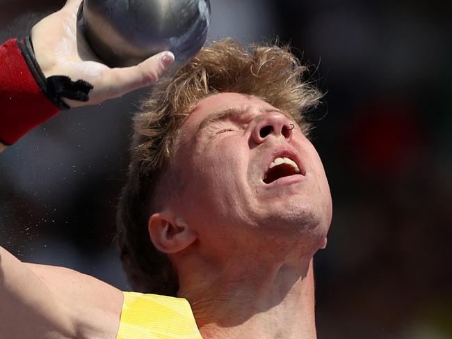 PARIS, FRANCE - AUGUST 02: Ashley Moloney of Team Australia competes during the Men's Decathlon Shot Put on day seven of the Olympic Games Paris 2024 at Stade de France on August 02, 2024 in Paris, France. (Photo by Michael Steele/Getty Images)