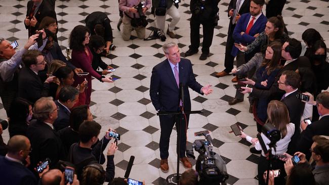 Kevin McCarthy talks to reporters in Statuary Hall after being elected Speaker in the House Chamber at the US Capitol Building in Washington, DC. Picture: Getty Images