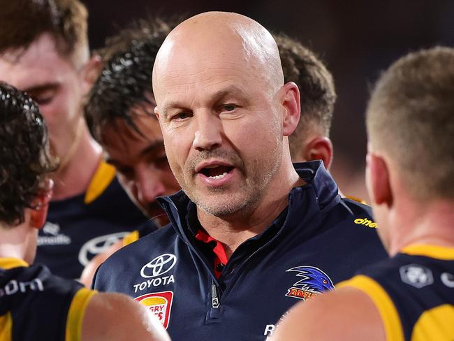 ADELAIDE, AUSTRALIA - JUNE 06: Matthew Nicks, Senior Coach of the Crows during the 2024 AFL Round 13 match between the Adelaide Crows and the Richmond Tigers at Adelaide Oval on June 06, 2024 in Adelaide, Australia. (Photo by Sarah Reed/AFL Photos via Getty Images)