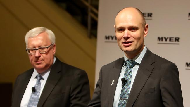Garry Hounsell with Richard Umbers after the Myer AGM in November. Picture: Stuart McEvoy
