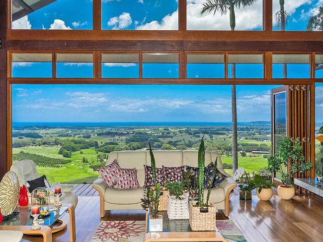 The pavilion-style Coorabell home has glorious views of the Byron Bay hinterland.