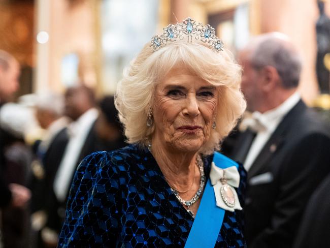 Queen Camilla wore an aquamarine and diamond tiara that belonged to the late Queen Elizabeth. Picture: Getty Images