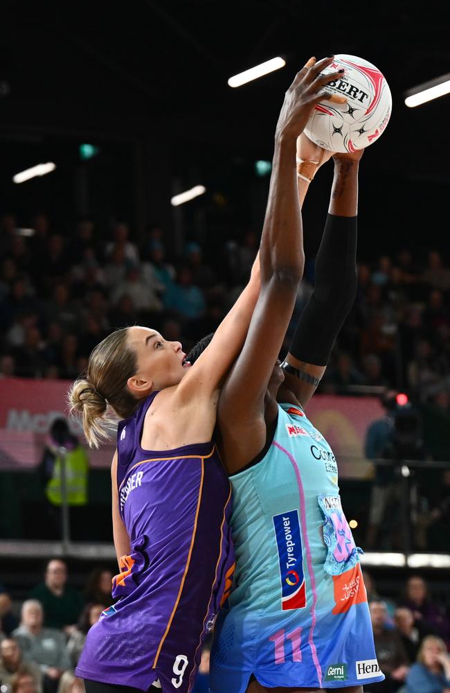 Firebirds’ Isabelle Shearer and Shimona Jok from the Mavericks compete for the ball. Picture: Getty Images