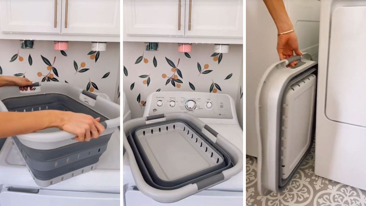 Laundry just got easier with this collapsible laundry basket. Picture: TikTok/@julianna_claire