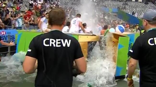 Aussie champs hilariously burst pool in celebration chaos!