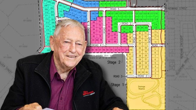 Toowoomba developer Clive Berghofer and the masterplan of his Kearney West Estate.