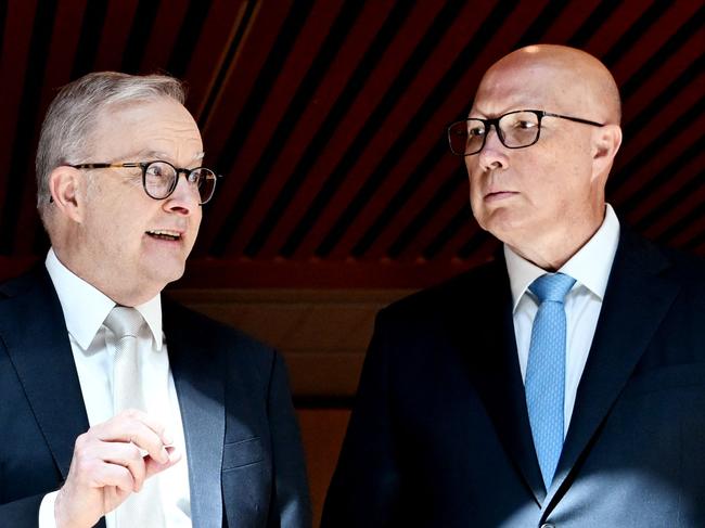 Australia's Prime Minister Anthony Albanese (L) talks with Australia's Opposition Leader Peter Dutton at the Wishing Tree at Parliament House in Canberra on November 6, 2024. (Photo by TRACEY NEARMY / AFP)