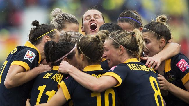Australia players celebrate after Kyah Simon scored against Brazil at last year’s World Cup.