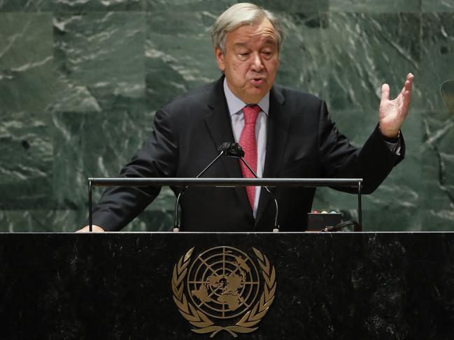 United Nations Secretary-General Antonio Guterres addressing the 76th Session of the UN General Assembly in New York. He met with Prince Harry and Meghan Markle during their visit. Picture: AFP