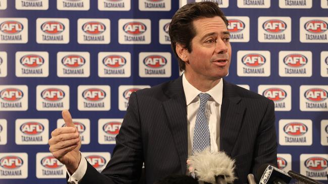 AFL CEO Gillon McLachlan speaking at Blundstone Arena today about the findings into the AFL steering committee regarding football’s future in Tasmania. Picture: LUKE BOWDEN