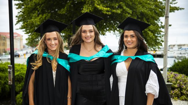 Maddi Muller, Keeley Ortmann and Eleni Moutsatsos. University of Tasmania Graduations. Federation Concert Hall, Hobart. Picture: RICHARD JUPE