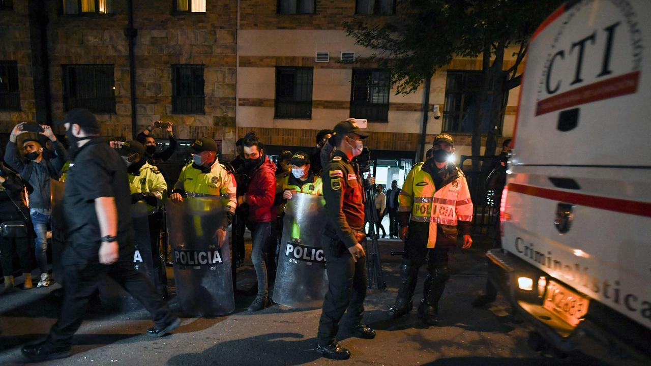 Police officers stand in front of the hotel where Foo Fighters' drummer Taylor Hawkins died. Picture: AFP