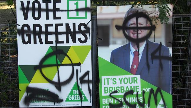 Ben Pennings’ signs were tagged with what appears to be a version of the Celtic cross and the number 14, symbols used by many neo-nazi groups.