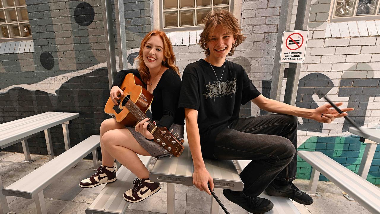Olivia Shelley, 17, and James Hainge, 16, at the Music Industry College in Fortitude Valley. Picture: Lyndon Mechielsen