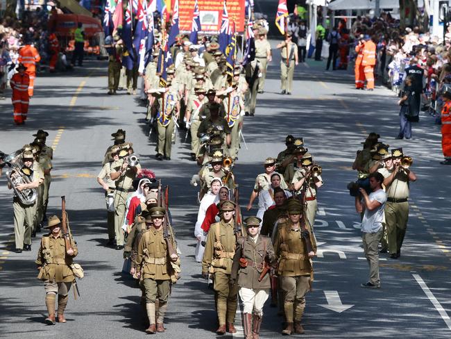 ANZAC Day marchers in Adelaide St, Brisbane. Picture: Liam Kidston