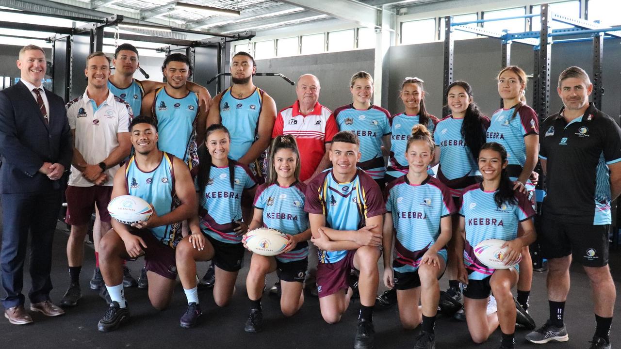 Members of the Keebra Park rugby league academy and school at the opening of the Struddy Keebra Park High Performance Centre. Picture: Supplied