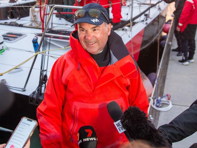 Celestial V70 skipper Sam Haynes arrives in Hobart just after dawn in the 2024 Sydney to Hobart. Picture: Linda Higginson