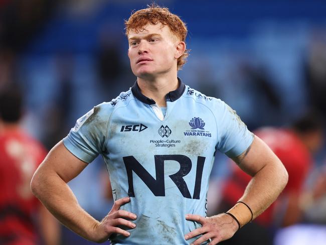 SYDNEY, AUSTRALIA - MAY 16: Tane Edmed of the Waratahs looks dejected after defeat during the round fourteen Super Rugby Pacific match between Waratahs and Crusaders at Allianz Stadium, on May 16, 2025, in Sydney, Australia. (Photo by Mark Kolbe Photography/Getty Images)