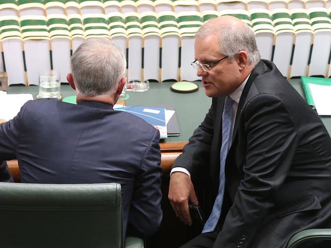 Prime Minister Malcolm Turnbull and Treasurer Scott Morrison in parliament. Picture: Kym Smith