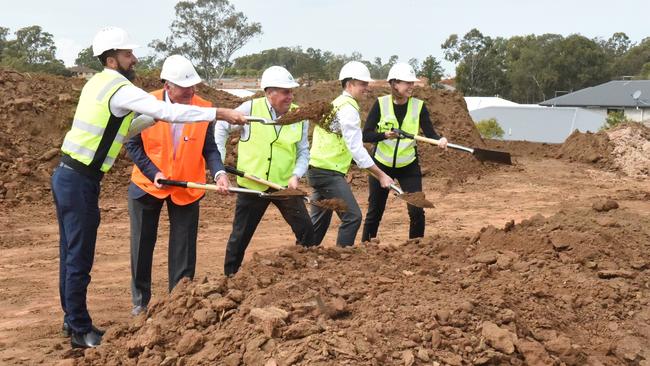 Woolworths State Development manager Chis Sheen, builder Paul Lanskey, Mayor Allan Sutherland, Member for Murrumba Steven Miles and Woolworths Group's Savanah Powell at the sod turn for the Dakabin Woolworths complex. Picture: David Alexander