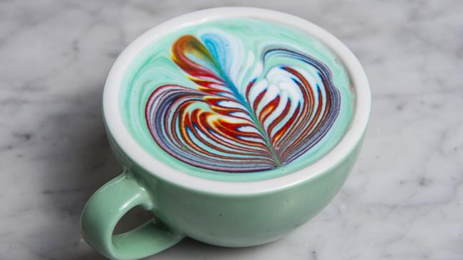 A rainbow latte from Too Many Chiefs. They also make turmeric and beetroot lattes. Picture: Eugene Hyland.