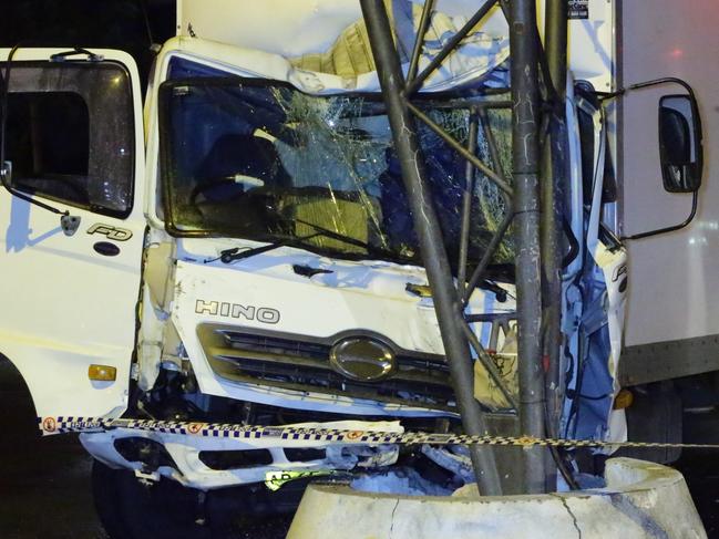 The truck after the crash on Hume Highway, Villawood. Picture: Bill Hearne