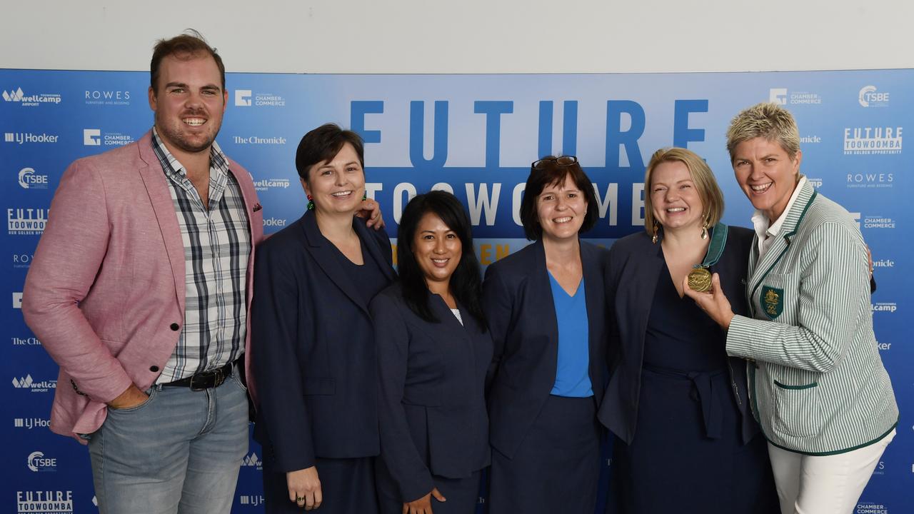 Olympians Matt Denny and Nat Cook with ANZ Toowoomba staff Lee-Ann Amos, Kath Lewis, Regina Baker and Tameka Taylor at the Future Toowoomba lunch at Wellcamp Airport, Friday, December 3, 2021. Picture: Kevin Farmer