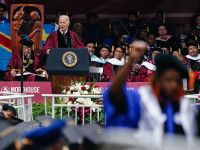 ATLANTA, GEORGIA - MAY 19: U.S. President Joe Biden speaks at the Morehouse College Commencement as a faculty member stands and faces away from the stage in protest of the Israel-Hamas war on May 19, 2024 in Atlanta, Georgia. President Biden is appearing at the school during a time when pro-Palestinian demonstrations are still occurring on campuses across the country to protest Israel's war in Gaza.   Elijah Nouvelage/Getty Images/AFP (Photo by Elijah Nouvelage / GETTY IMAGES NORTH AMERICA / Getty Images via AFP)