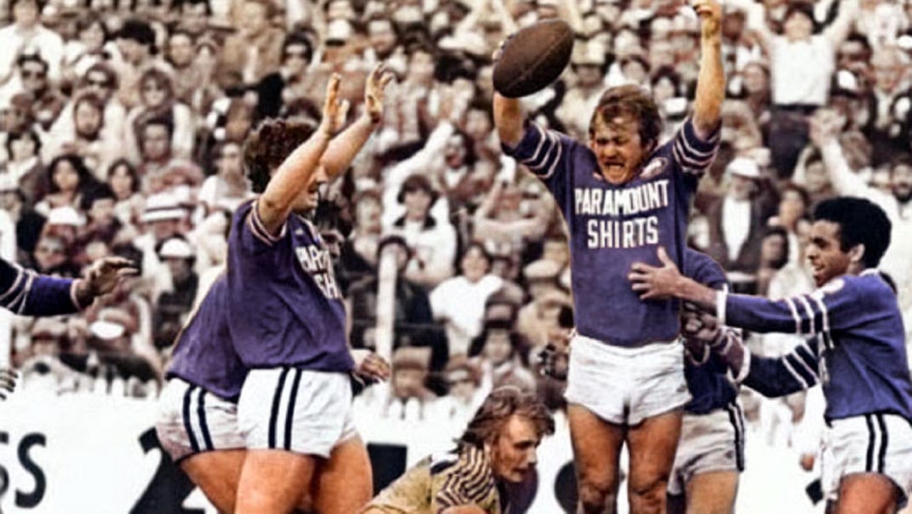 Tommy Raudonikis celebrates after scoring a try in the 1981 NSWRL Grand Final (colourised). Photo: Newtown Jets