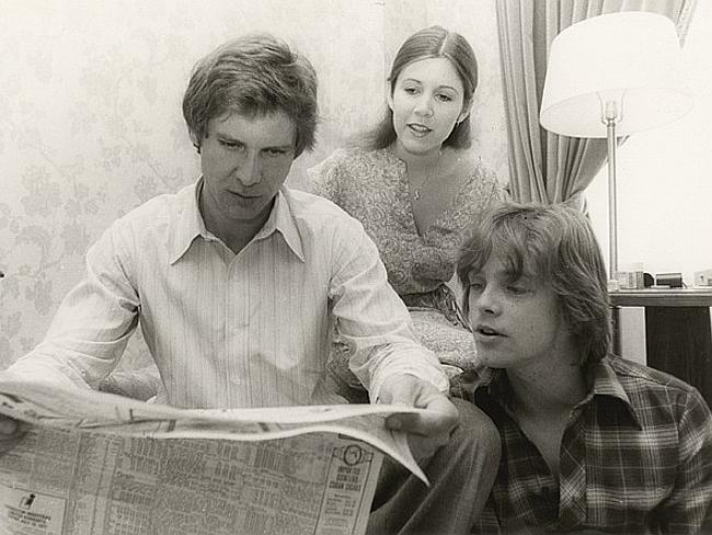 Young and famous. Carrie Fisher, Harrison Ford and Mark Hamill on the set of a Star Wars film. Photo from Carrie Fisher's personal collection.