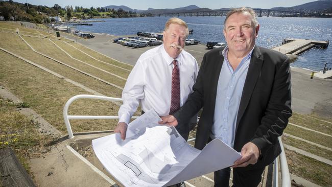 $2.3 billion precinct-scale urban renewal project, including roofed AFL stadium, for Hobart. Stakeholder relations Paul Lennon and Managing Director of Stadia Precinct Consortia Dean Coleman at Macquarie Point. Picture: Chris Kidd