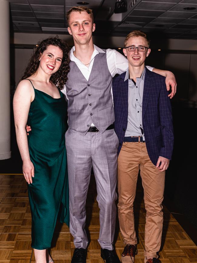 Hobart College leavers dinner 2022 Saskia Rogers, Liam Bosworth, and Alastair Crane-French Picture: Linda Higginson