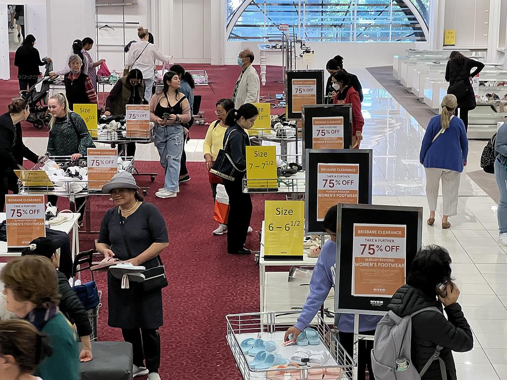 Customers in the Queens Street Mall Myer store on its last day of trading in the centre of Brisbane. Picture: Lyndon Mechielsen/Courier Mail