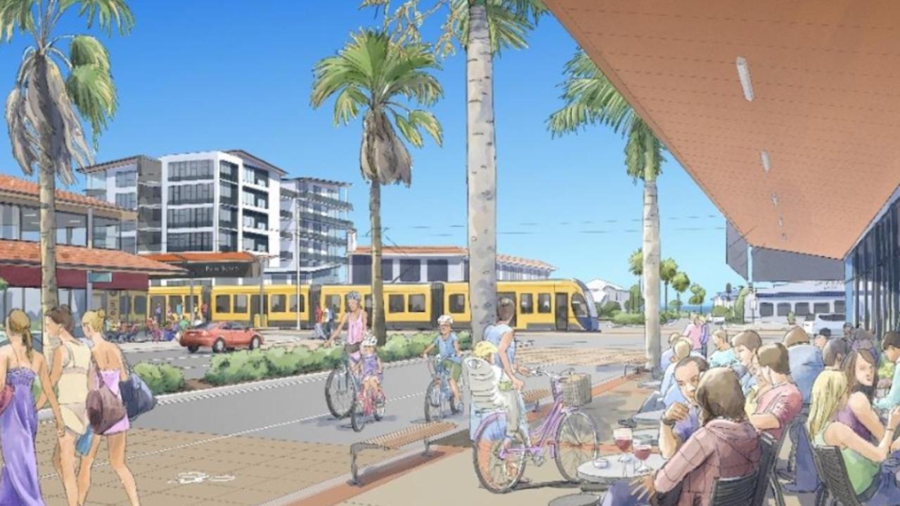 Plans for light rail Stage Four through Palm Beach, showing a pedestrian mall and medium high rise buildings.