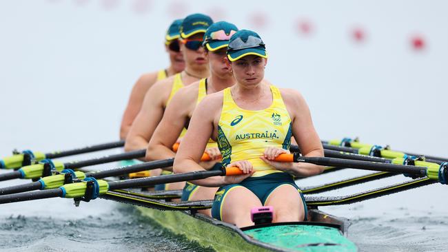 PARIS, FRANCE - JULY 27: Rowena Meredith, Laura Gourley, Ria Thompson and Caitlin Cronin of Team Australia compete in the WomenÃ¢â¬â¢s Quadruple Sculls Heat during day one of the Olympic Games Paris 2024 at Vaires-Sur-Marne Nautical Stadium on July 27, 2024 in Paris, France. (Photo by Justin Setterfield/Getty Images)