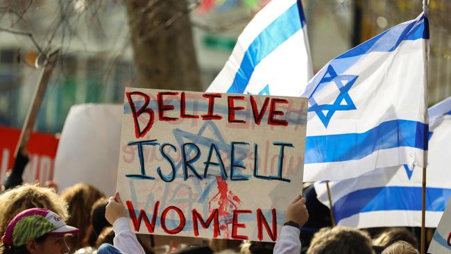 Jewish women and supporters protest at UN to highlight the brutal October 7 attacks on Israel by Hamas. Picture: Charly Triballeau