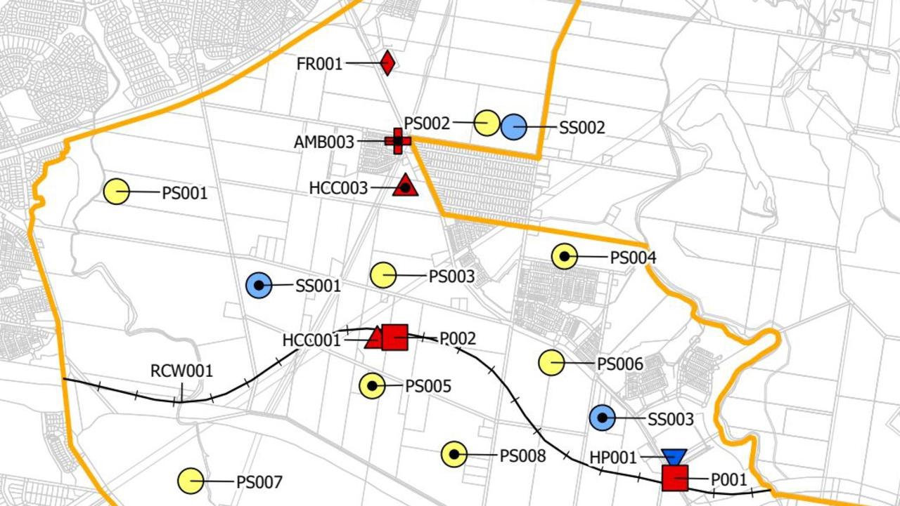 The yellow circle labelled 'PS004', located at Scott's Farm, is where a primary school is proposed to be built "subject to state agency acquisition". Picture: Ripley Valley PDA