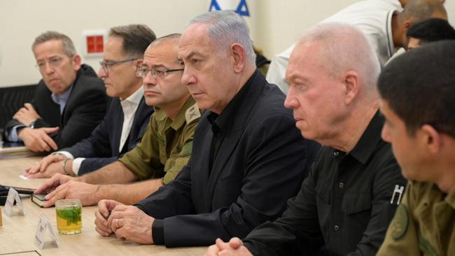 Benjamin Netanyahu, centre, Defense Minister Yoav Gallant, second right, others at the 'pit' at the military headquarters in Tel Aviv. Picture: Maayan Toaf/Defense Ministry