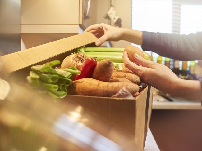 Customer checks over the veg that has just arrived with her organic food delivery. The food is picked fresh from the farm and delivered straight to your door. Generic packing pic