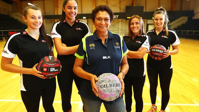 Marcia Ella-Duncan, centre, with, from left, Kayla Nakhoul, Halle Pierson, Courtney Jones and Olivia Cooper at Netball Australia’s indigenous camp announcement. Picture: John Feder