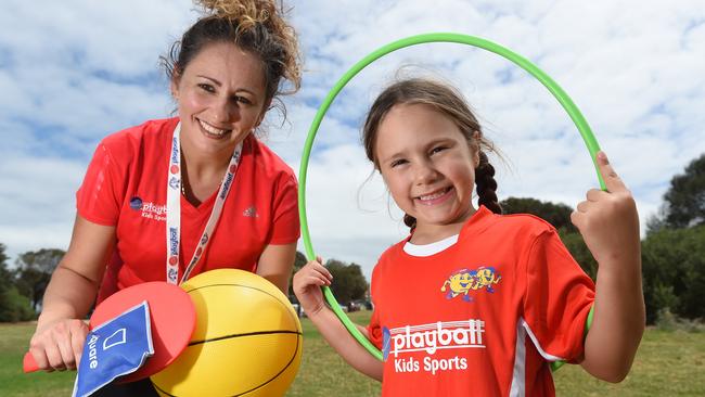 Playball sports co-ordinator Angela Rako and her daughter Gabrijela having fun at Mordialloc. Picture: Chris Eastman