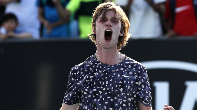 Russia's Andrey Rublev celebrates after defeating Belgium's David Goffin Photo: AP