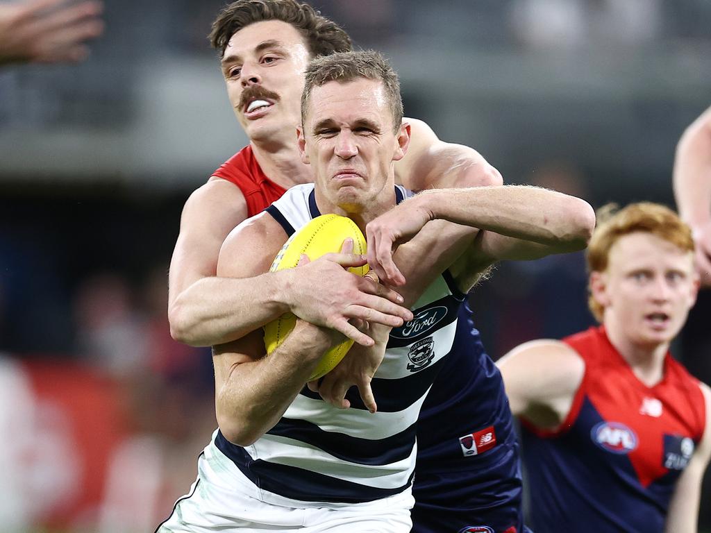 Joel Selwood has made a career out of dropping at the knees to force contact to his own head. Picture: Michael Klein